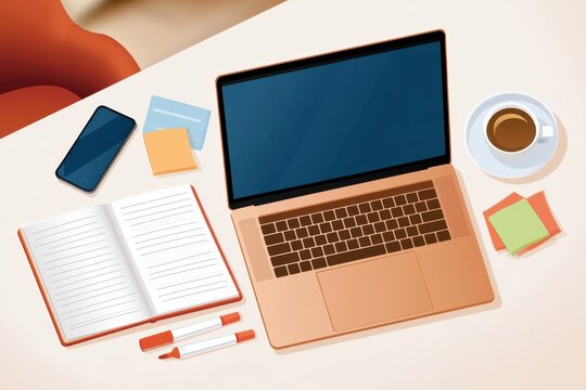 Overhead flat lay of laptop notebook smartphone coffee and sticky notes on desk