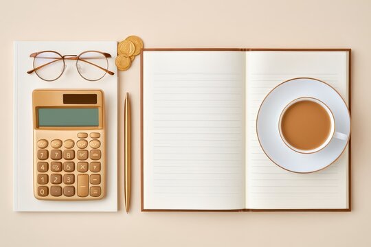 Overhead flat lay of calculator glasses coins pen notebook and coffee cup on beige background