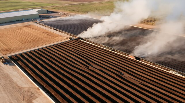 Aerial view of composting facility with windrows emitting steam under low angle sunlight