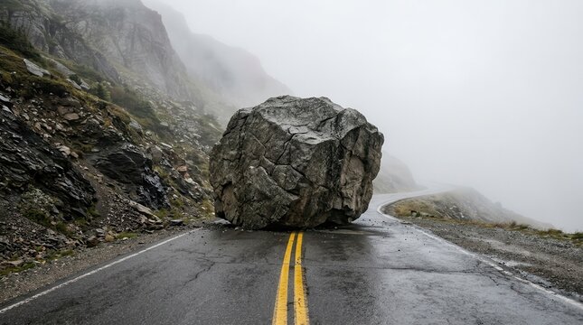 Natural roadblock with a huge rock blocking a mountain highway through heavy mist.