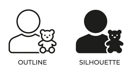 Fototapeta premium Two icons representing a person holding a teddy bear, one outlined and the other a solid silhouette, symbolizing childhood innocence and companionship.