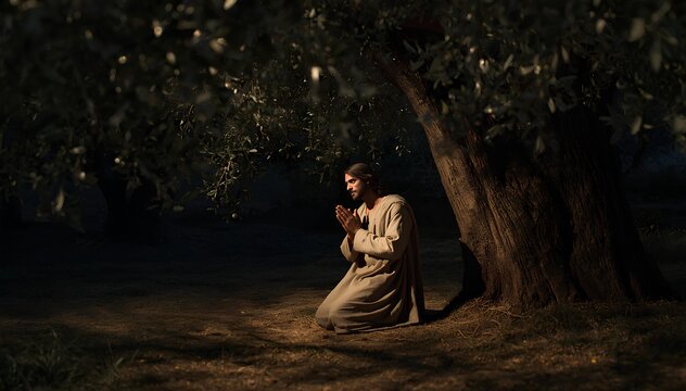 A solitary figure kneels in prayer beneath the shade of a large, ancient tree, bathed in soft, dramatic lighting