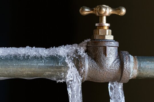 Frozen pipe with leaking water and ice buildup near valve in cold basement