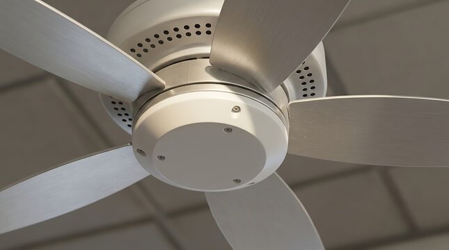 Modern white ceiling fan installed on a drop ceiling for home or office air circulation.