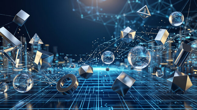 3D illustrations backgrounds Futuristic digital network connections of geometric shapes and spheres floating in digital space, abstract technology concept with data flow, digital background
