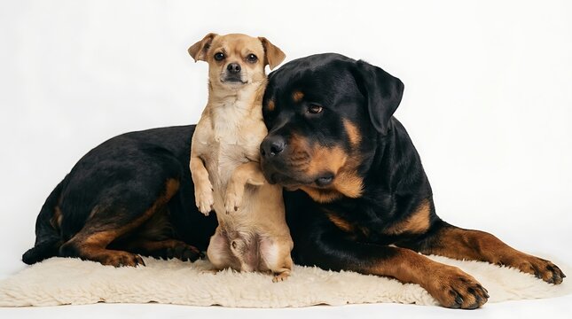 Chihuahua and Rottweiler dogs sitting together on a white background