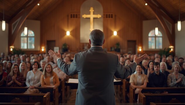 Pastor Preaching a Sermon to a Large Congregation in a Traditional Wooden Church Interior