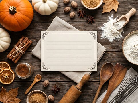 Fall recipe template surrounded by baking ingredients and warm spice.