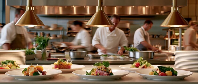 Plated gourmet dishes in professional kitchen with chefs at work under warm pendant lights