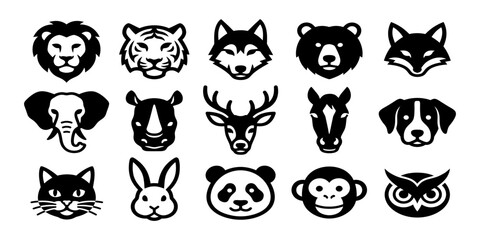 Fototapeta premium Set of black and white animal head icons featuring various wild and domestic animal species