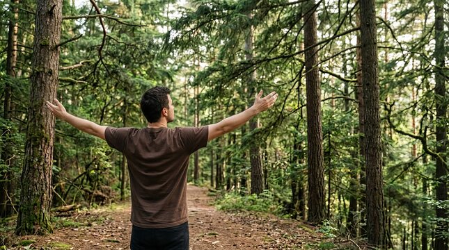 Man with arms outstretched in a lush green forest path embracing nature and fresh air.