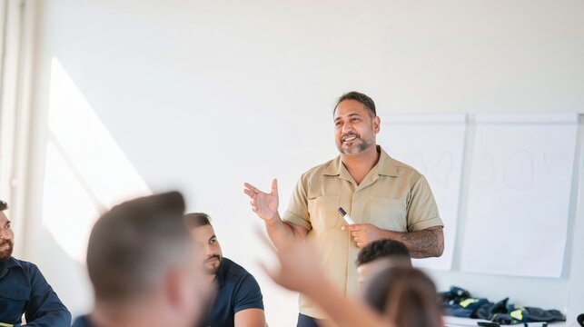 South Asian man leading a safety training session by a flip chart in a bright office, featuring a natural gesture for workplace e-learning and corporate education