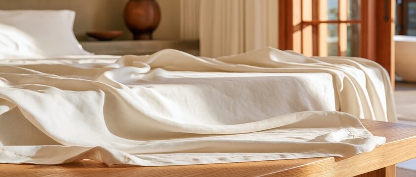 Linen tablecloth laid on long wooden table with soft natural lighting and minimalist interior