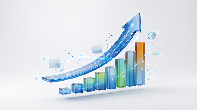 3D illustrations backgrounds Growing business bar chart with blue upward arrow showing financial success and profit improvement concept for corporate presentation and economic data visualization