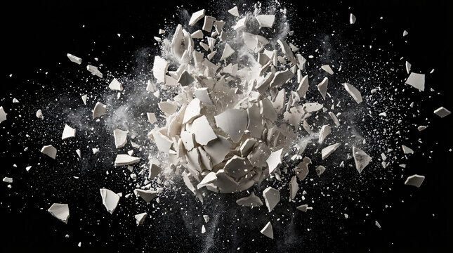 A white ceramic sphere breaking apart into many small pieces during a high-speed impact explosion.