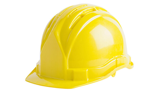 Bright yellow hard hat with ventilation slots, isolated on transparent background