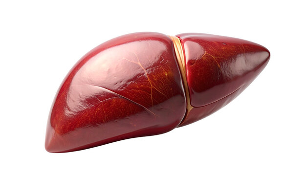a healthy human liver with its characteristic lobed shape, rich reddish brown tissue tones and smooth glossy surface texture, isolated on transparent background.