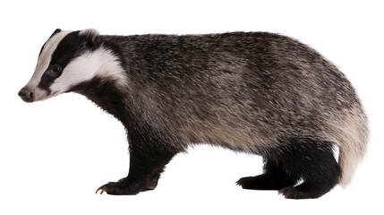 European badger with distinctive black and white striped face, isolated on transparent background © Finn