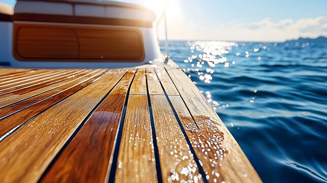 Close-up of wooden boat deck planks with ocean background.