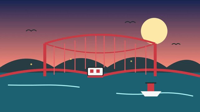 Red bridge spans water with a boat sailing in this flat motion design animation video of a peaceful sunset scene