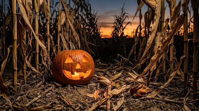 Illuminated carved pumpkin rests on ground within dense dry corn stalks during twilight offering eerie halloween aesthetic for spooky event flyers and autumn festival branding.