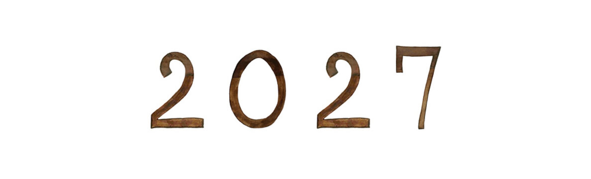 カラーインクを使って描いたアナログ手書き文字2027素材　NEWYEARCARDにもおすすめ