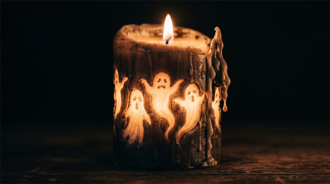 Carved candle glowing with three ghost silhouettes at night
