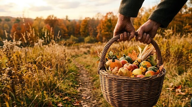 Autumn harvest basket with pumpkins and corn for Thanksgiving celebration.