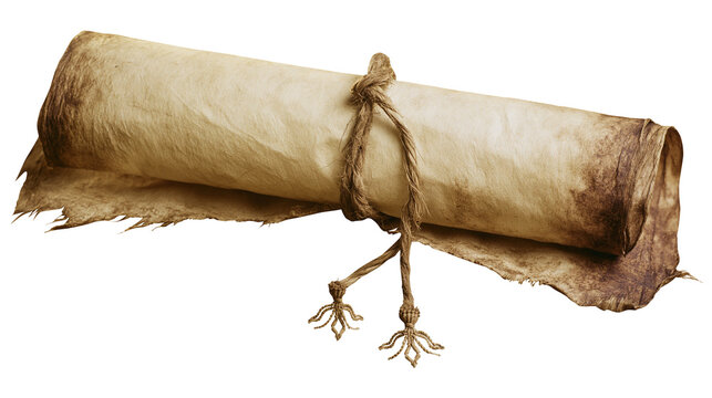 Aged parchment scroll tied with rough twine, isolated on transparent background
