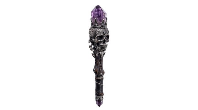 Gothic magic wand with silver skull charm and glowing violet gemstone, isolated on white background