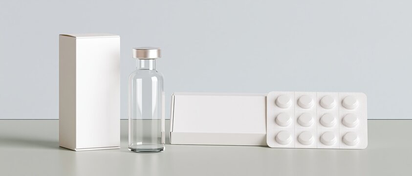 Minimal pharmaceutical packaging with vial and blister pack on neutral background