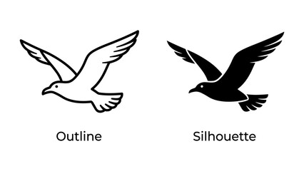 Fototapeta premium Seagull Outline and Silhouette: A clear outline and a stark black silhouette of a seagull in flight, showcasing its iconic form from two distinct perspectives.