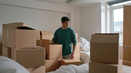 Fototapeta premium Man surrounded by stacked cardboard boxes in bedroom during moving day