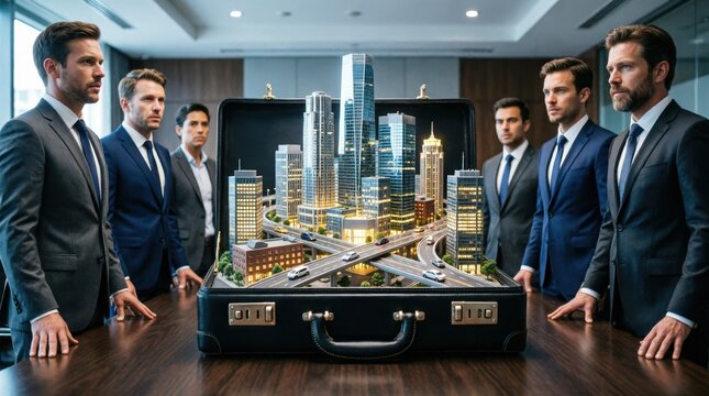 Businessmen Examining a Cityscape Model in a Briefcase. Corporate Strategy, Urban Planning, and Investment Concept