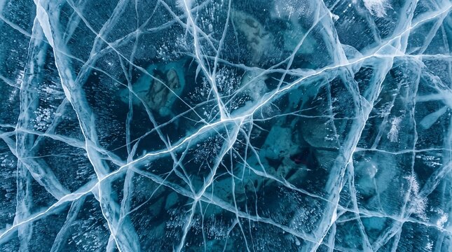 Aerial close up of cracked ice patterns on frozen lake surface