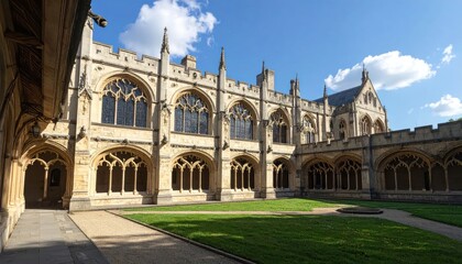 Fototapeta premium Medieval stone cloister courtyard with arched walkway