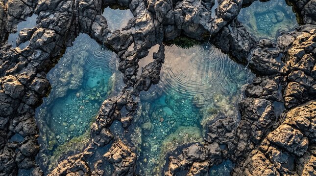 Aerial view of coastal rock pools with clear turquoise water at low tide
