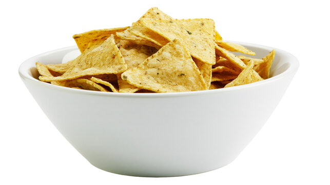 Crispy corn tortilla chips piled high in a white ceramic bowl, isolated on transparent background