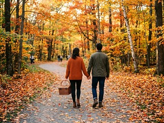 Fototapeta premium Couple walking along rustic autumn forest path carrying picnic basket.