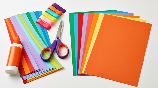 Scissors glue and coloured paper sheets arranged for crafting on white background