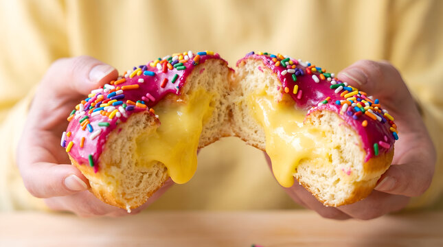 a glazed doughnut topped with vibrant icing and colorful rainbow sprinkles, broken in half with oozing yellow custard filling, soft pastel yellow backdrop