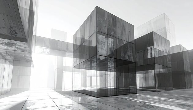 Monochrome glass cube architectural structure in bright interior space.