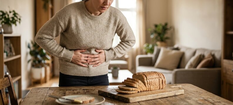 Woman holding stomach in pain from gluten intolerance and eating bread