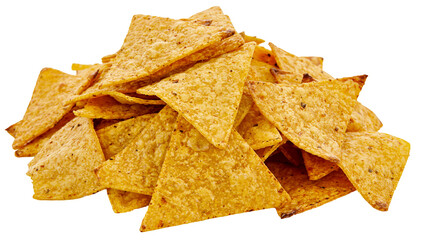 Fototapeta premium Pile of golden corn tortilla chips seasoned with spices, isolated on transparent background