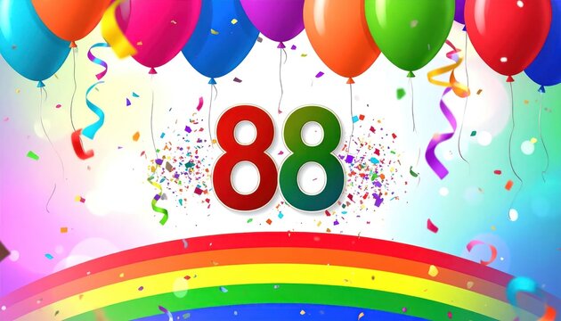 Number 88 celebration background with balloons and rainbow.