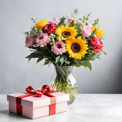 Naklejka premium Celebration and gift giving, bouquet of sunflowers and pink flowers in glass vase with wrapped present on table for birthday anniversary or holiday