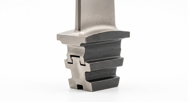 Macro of a titanium turbofan blade dovetail root. Heavy micro-machined aviation structural hardware with dry-film lubricant and interlocking serrations. Isolated on white background.