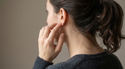 Fototapeta premium Woman touching earlobe wearing small golden stud earring for skincare and beauty presentation