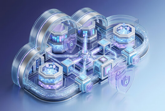 Cloud Infrastructure Infographic with Translucent Architecture and Internal Storage for Computing and Security Concepts