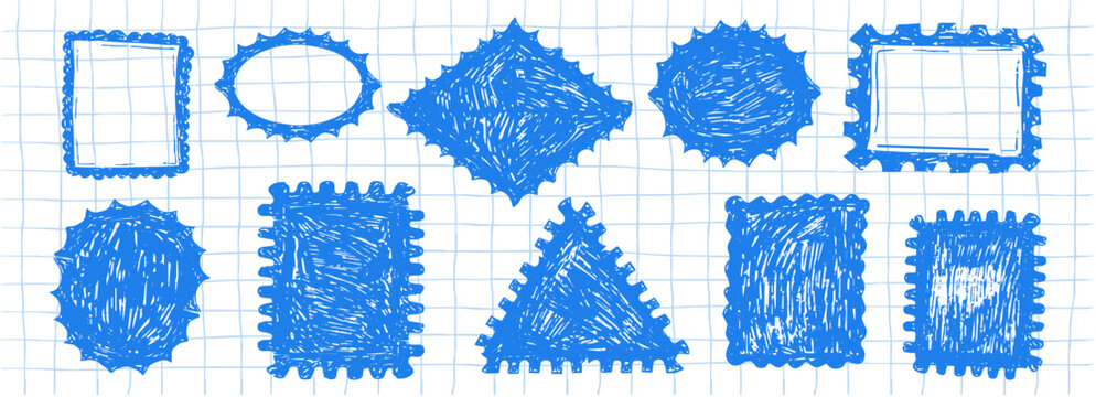 Crayon blue hand drawn stamp doodle and sketch drawing, Postage stamps shapes form a whimsical texture. Set borders, frames collage background. Playful pastel elements for creative projects.